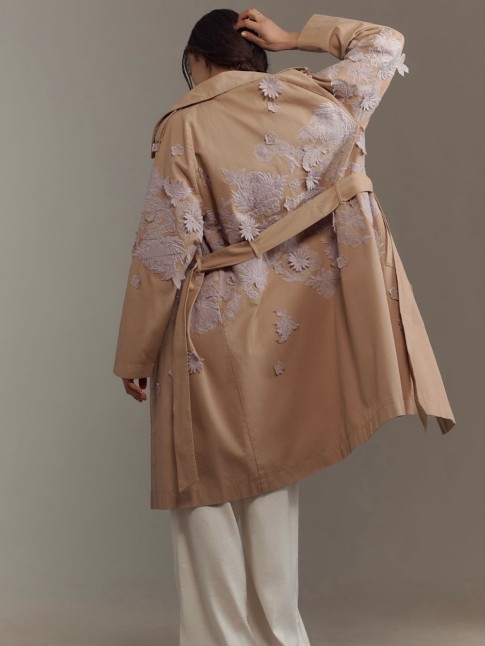 NWT Anthropologie Beige Trench Coat with Lilac Floral Appliqué - Picture 4 of 8